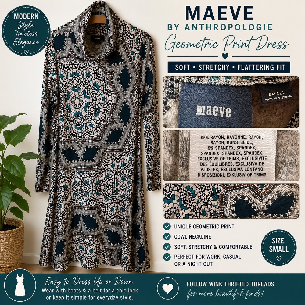 Maeve Anthropologie Geometric Print Cowl Neck Long Sleeve Dress Small Teal Black